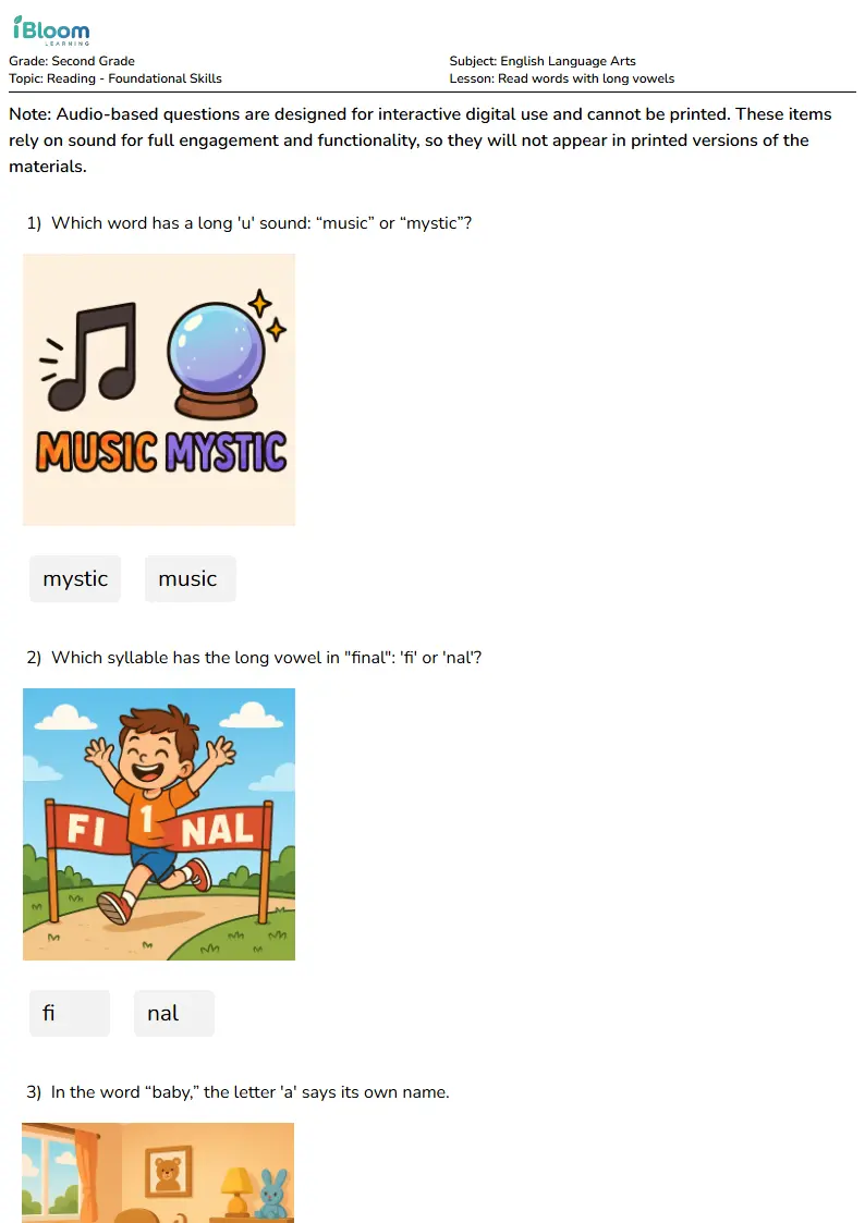 Read words with long vowels Lesson for Second Grade | iBloom