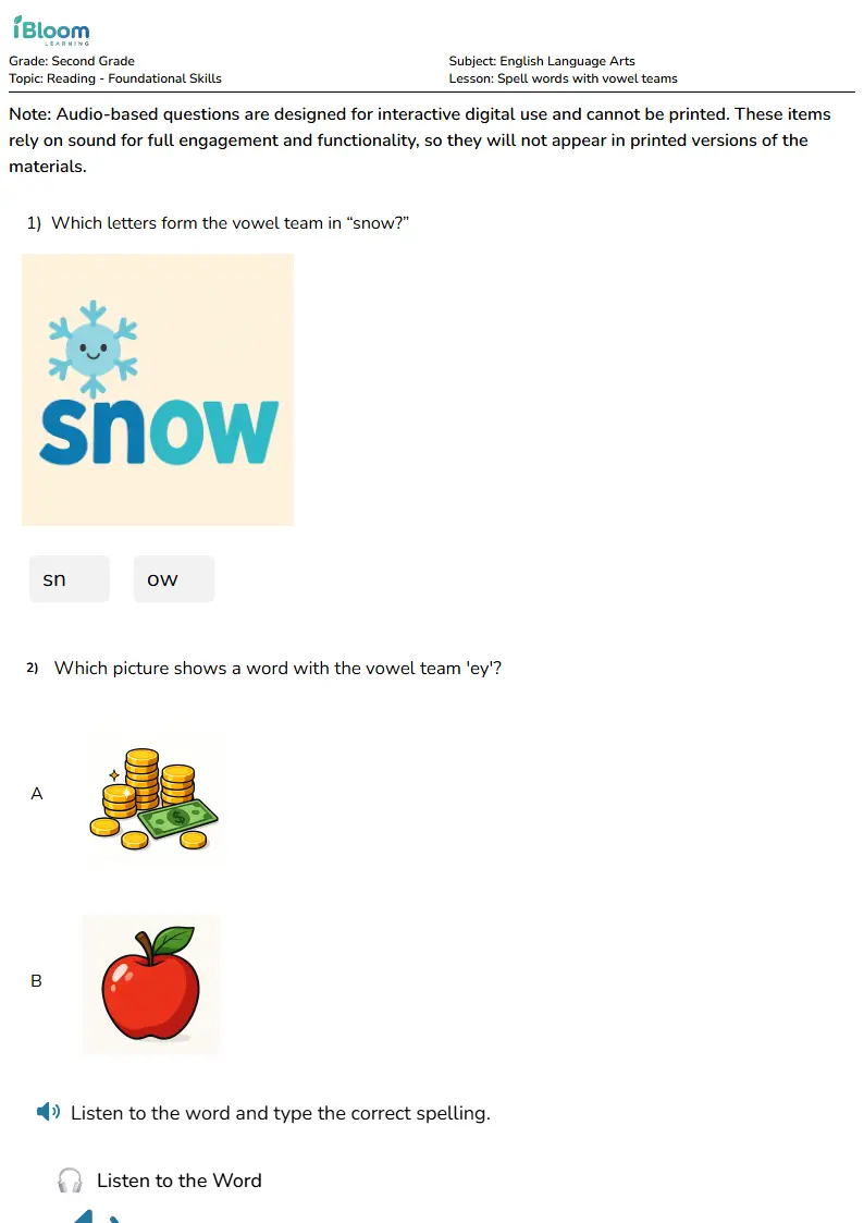 Spell words with vowel teams Lesson for Second Grade | iBloom