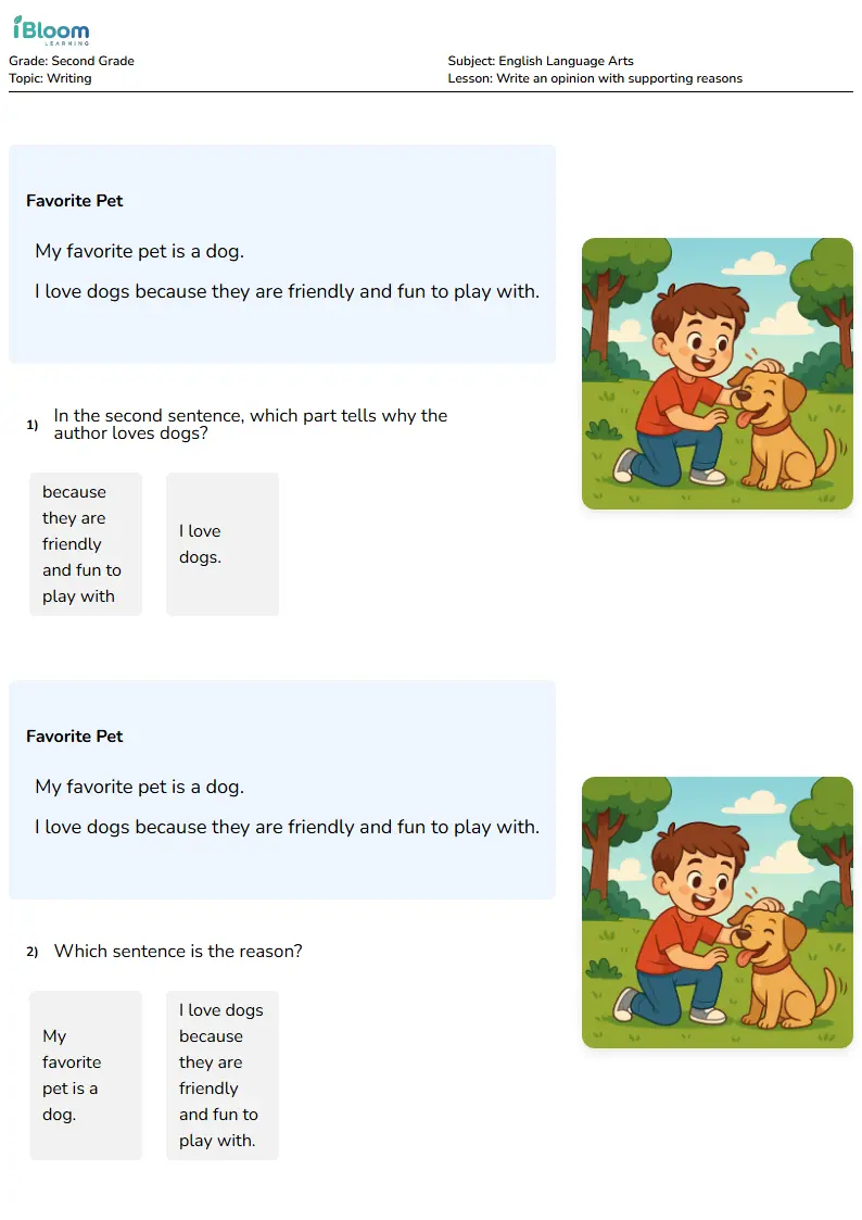 Write an opinion with supporting reasons Lesson for Second Grade | iBloom