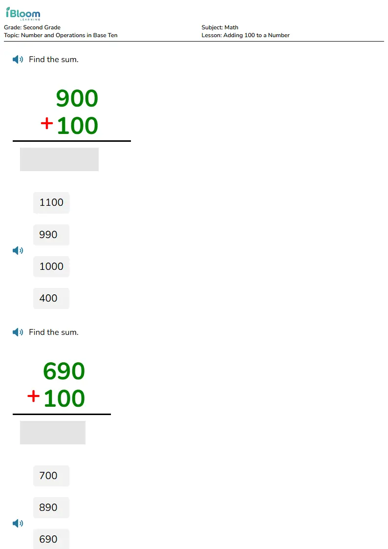 Adding 100 to a Number Lesson for Grade 2