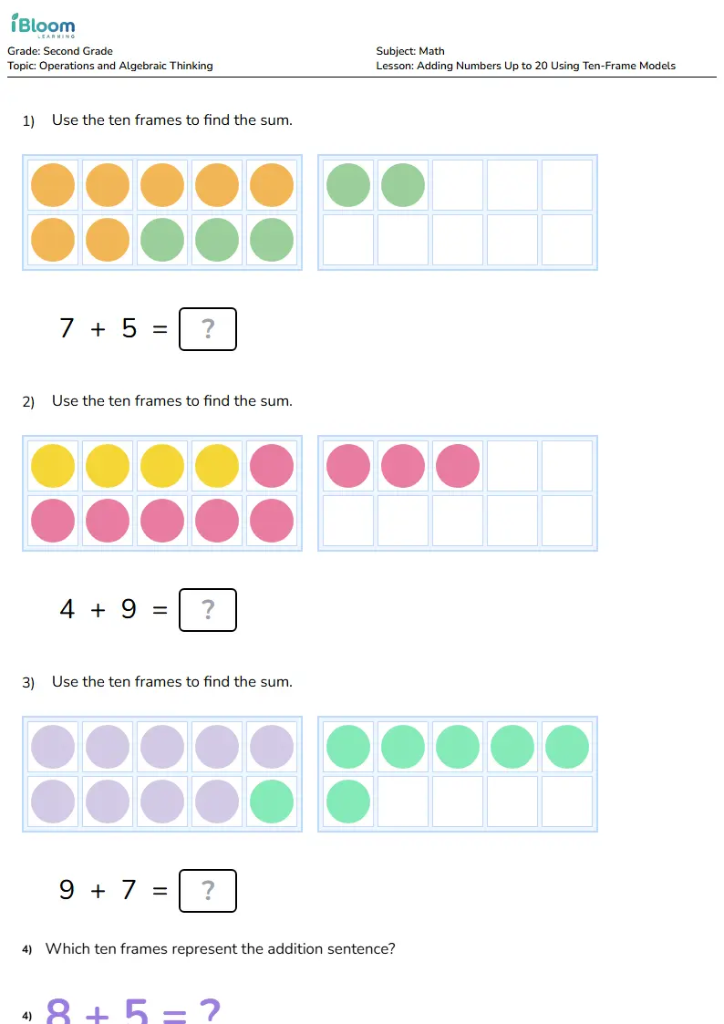 Adding Numbers Up to 20 Using Ten-Frame Models Lesson for Grade 2
