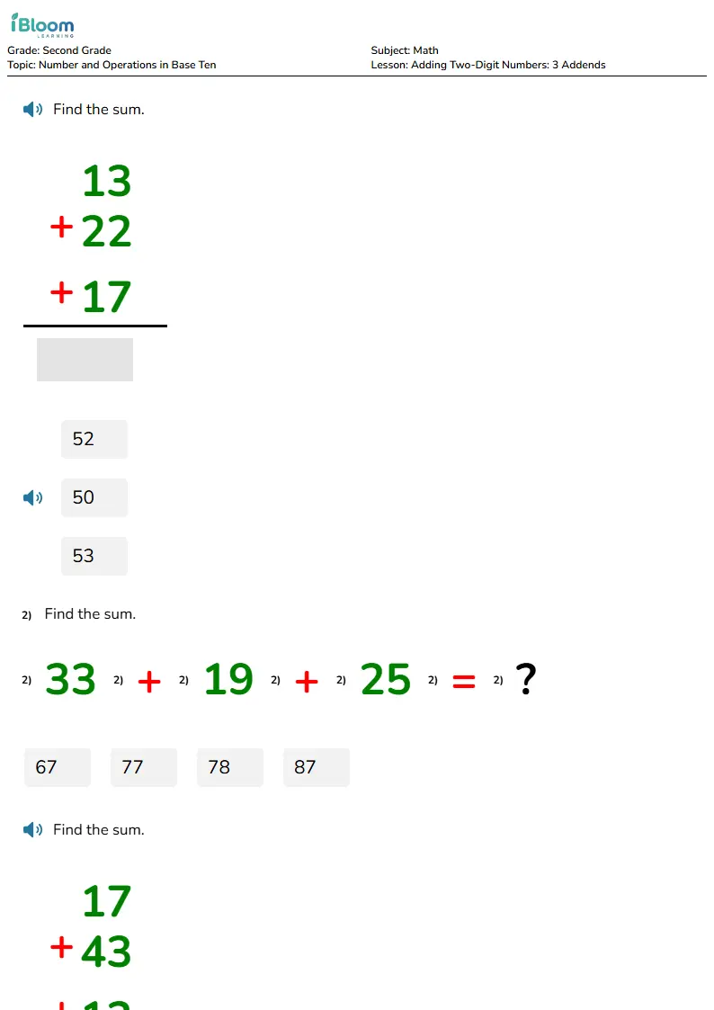 Adding Two-Digit Numbers: 3 Addends Lesson for Grade 2