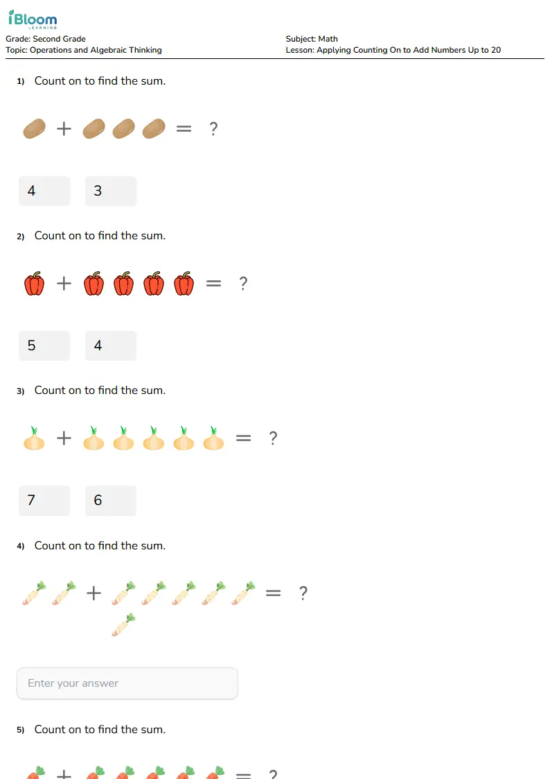 Applying Counting On to Add Numbers Up to 20 Lesson for Grade 2