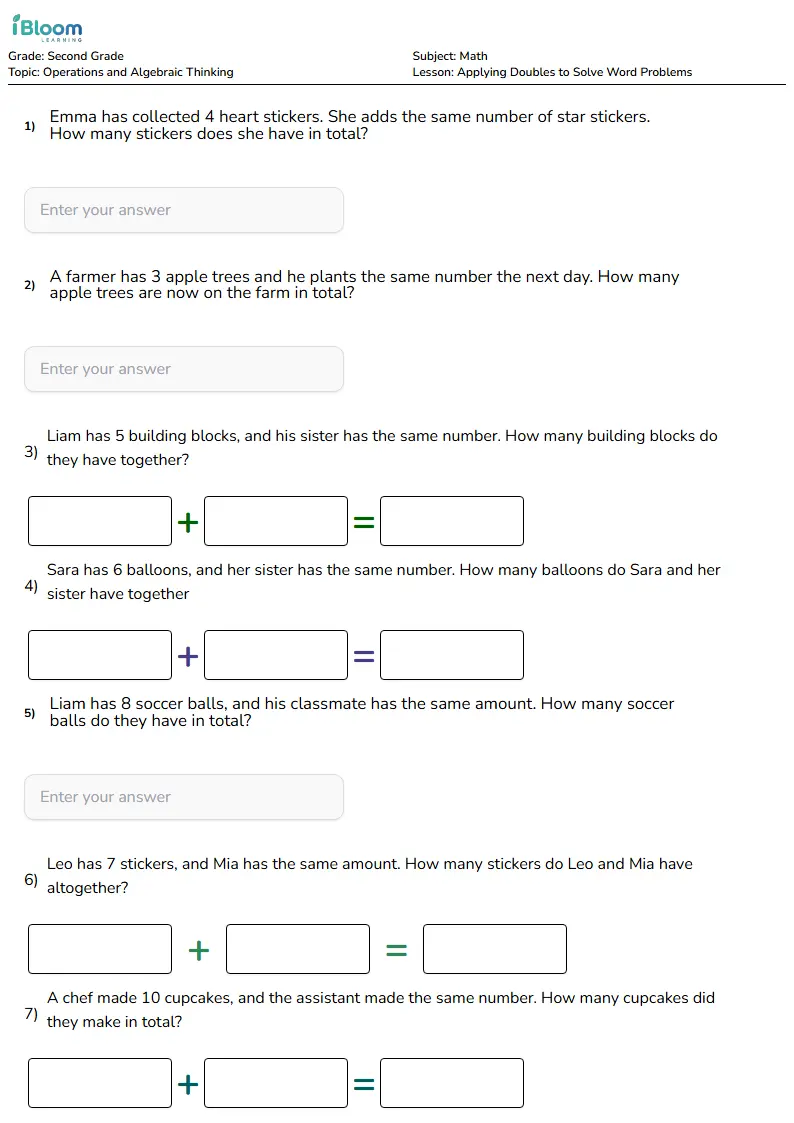 Applying Doubles to Solve Word Problems Lesson for Grade 2