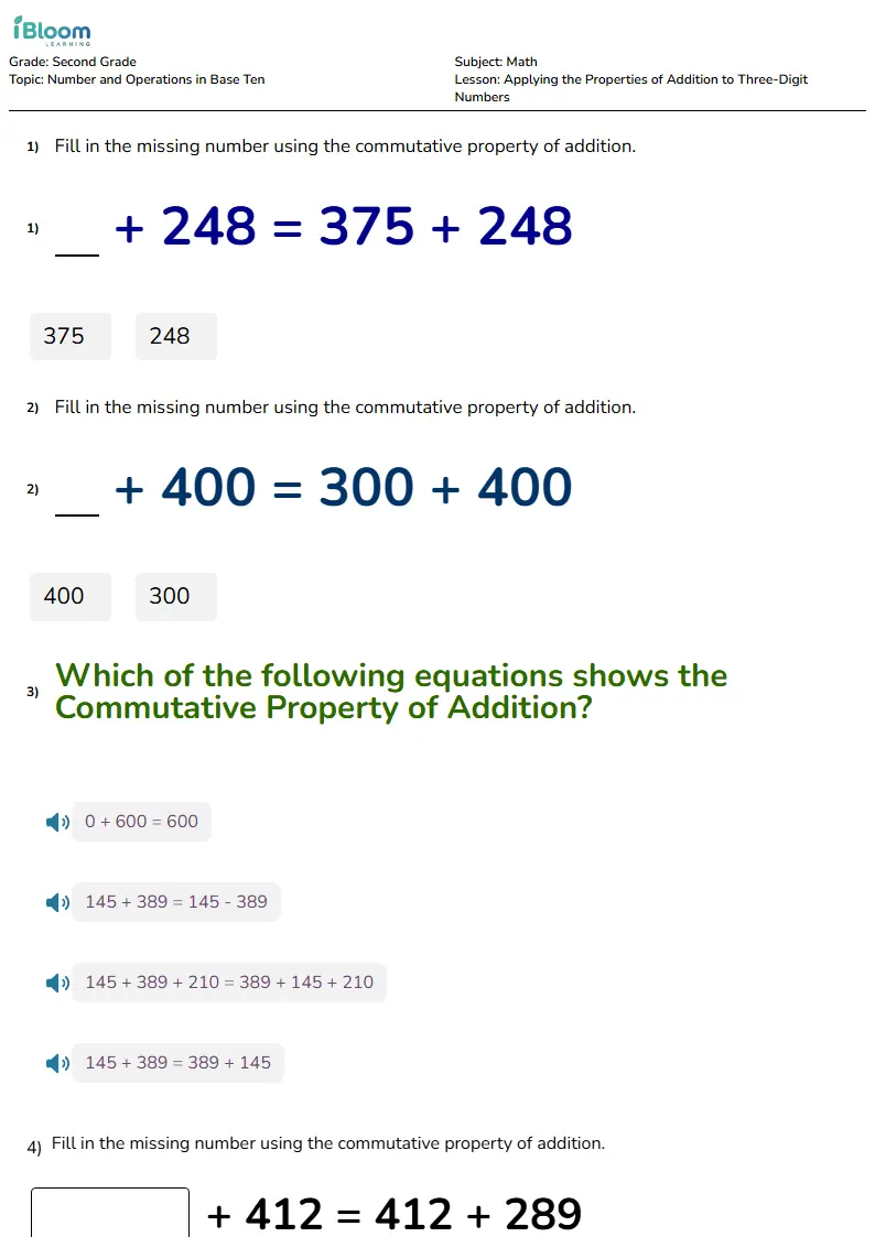 Applying the Properties of Addition to Three-Digit Numbers Lesson for Grade 2