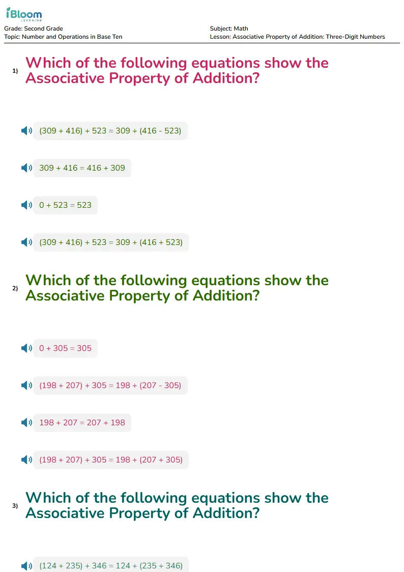 Associative Property of Addition: Three-Digit Numbers Lesson for Grade 2