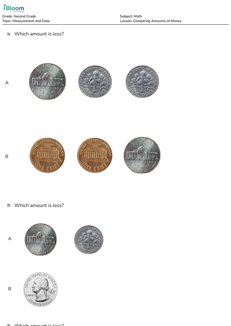 Comparing Amounts of Money Lesson for Second Grade