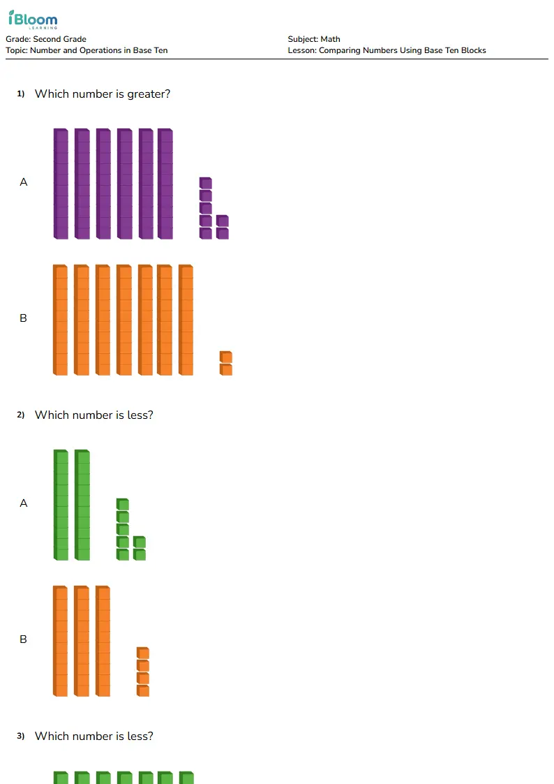 Comparing Numbers Using Base Ten Blocks Lesson for Grade 2