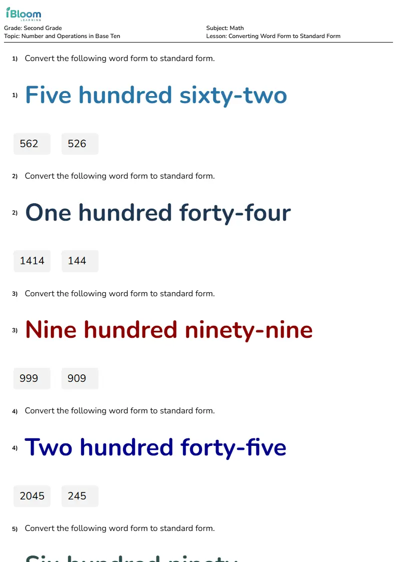 Converting Word Form to Standard Form Lesson for Second Grade | iBloom