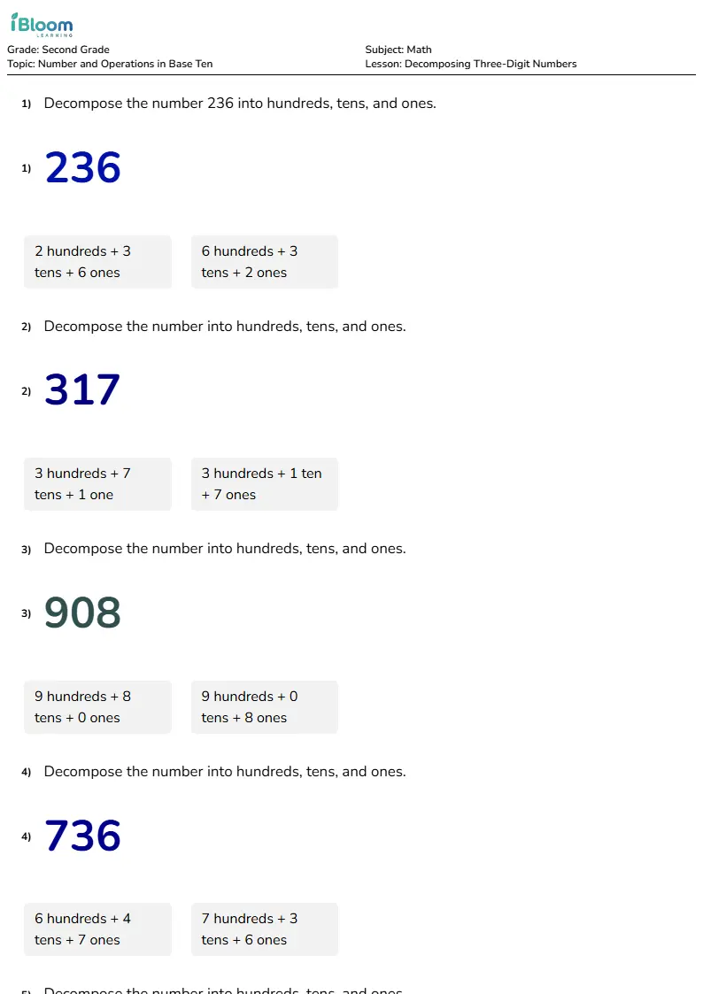 Decomposing Three-Digit Numbers Lesson for Second Grade | iBloom