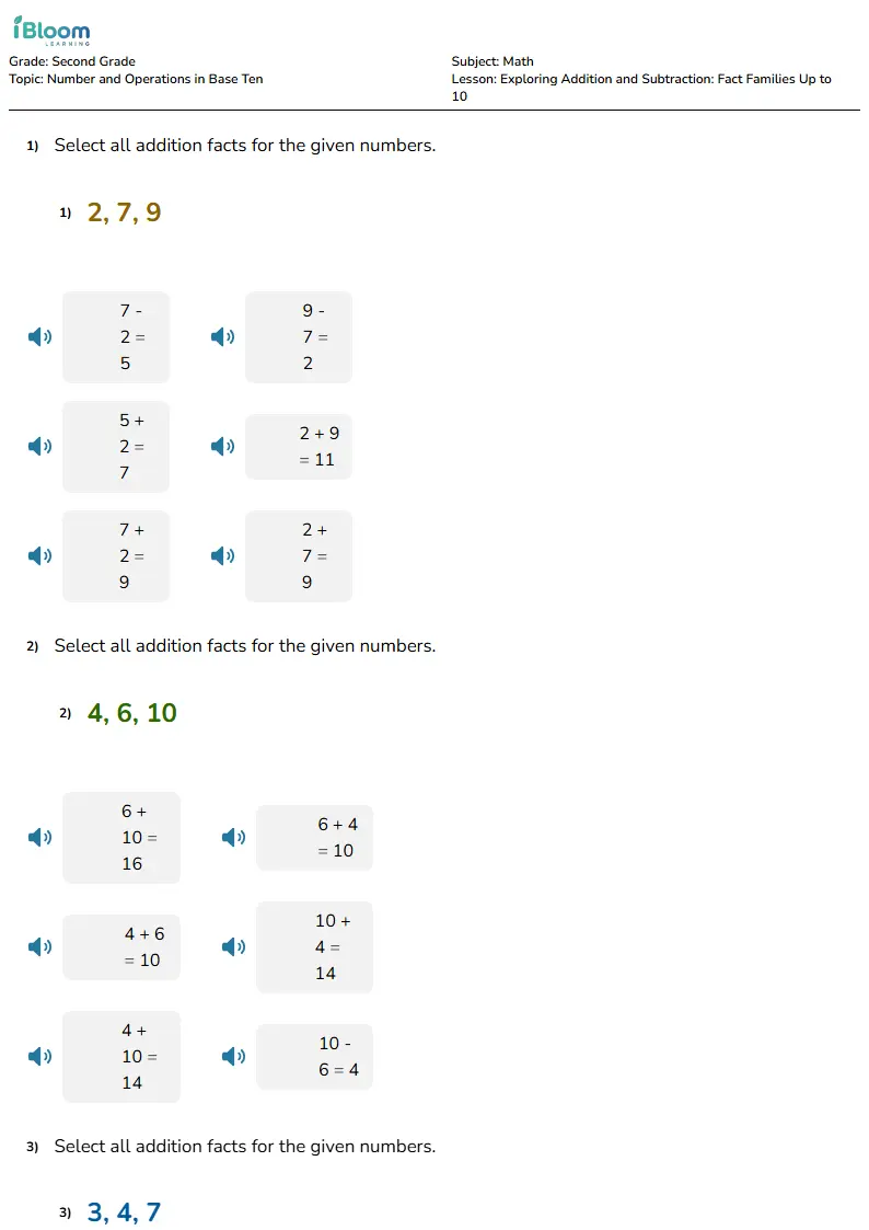 Exploring Addition and Subtraction: Fact Families Up to 10 Lesson for Second Grade | iBloom