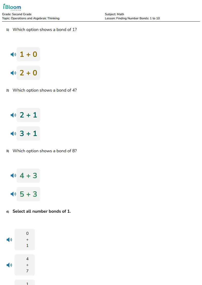 Finding Number Bonds: 1 to 10 Lesson for Second Grade | iBloom
