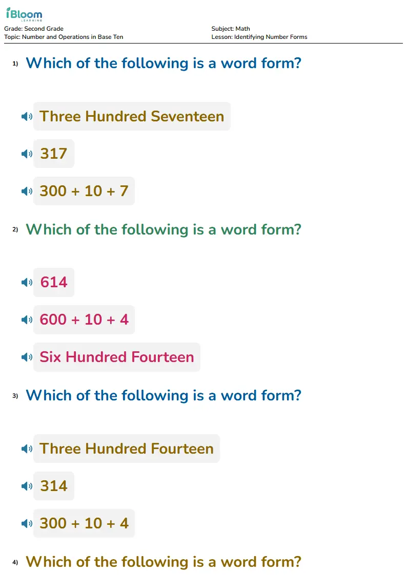 Identifying Number Forms Lesson for Second Grade | iBloom