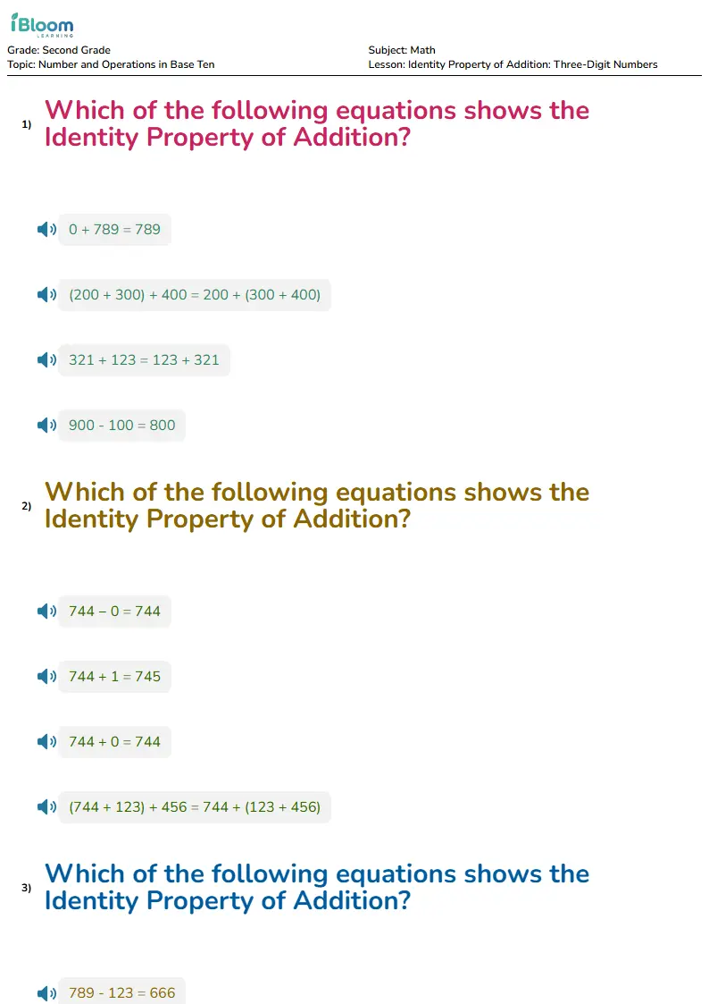 Identity Property of Addition: Three-Digit Numbers Lesson for Second Grade | iBloom