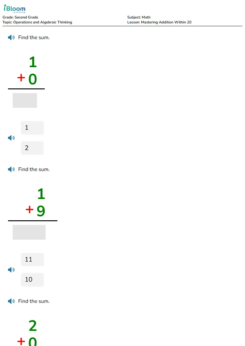 Mastering Addition Within 20 Lesson for Second Grade | iBloom