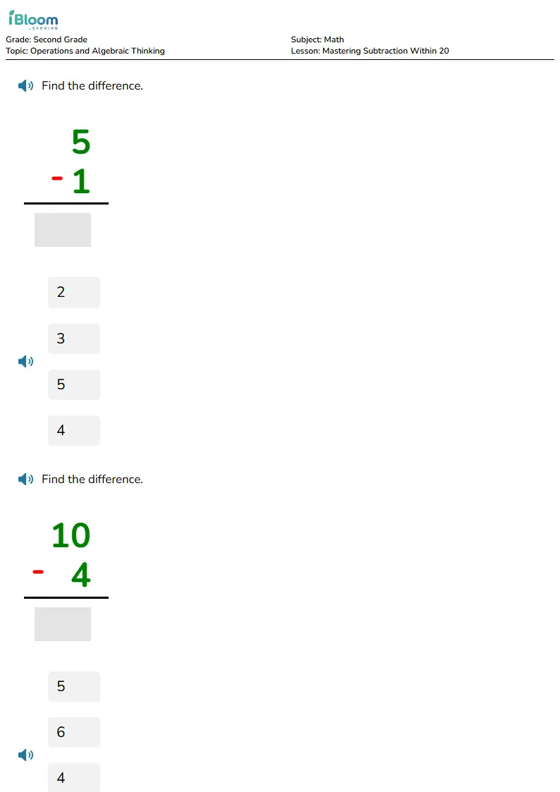 Mastering Subtraction Within 20 Lesson for Second Grade | iBloom