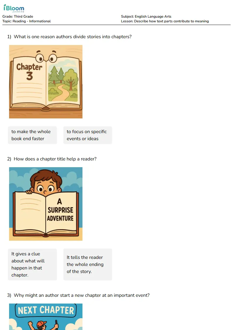 Describe how text parts contribute to meaning Lesson for Grade 3