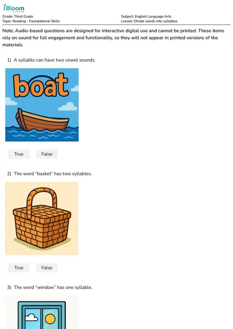 Divide words into syllables Lesson for Grade 3