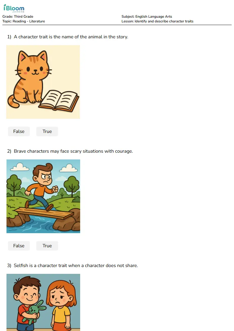 Identify and describe character traits Lesson for Grade 3