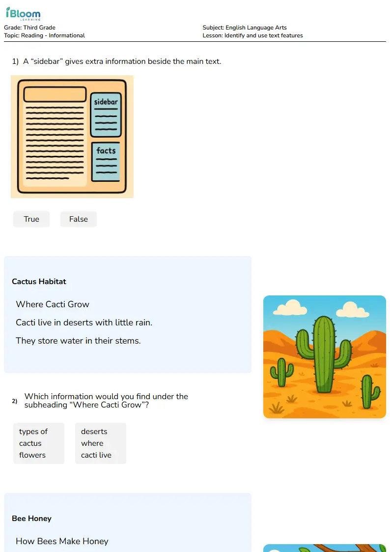 Identify and use text features Lesson for Third Grade | iBloom