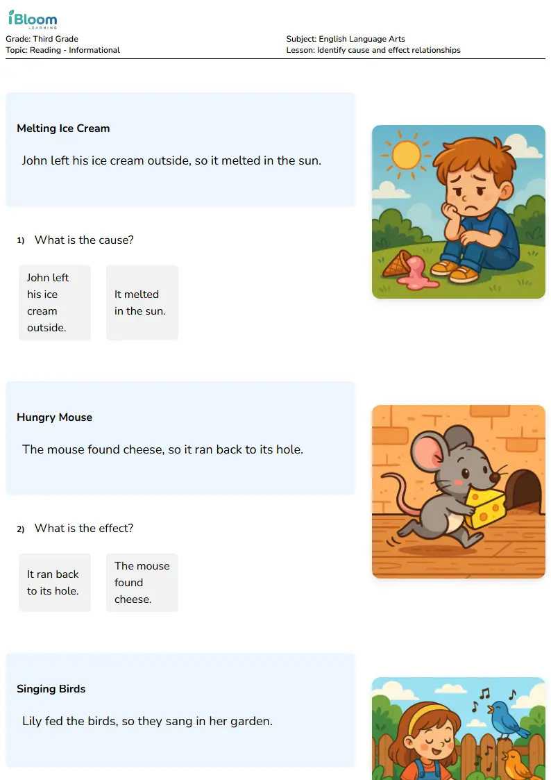 Identify cause and effect relationships Lesson for Third Grade | iBloom
