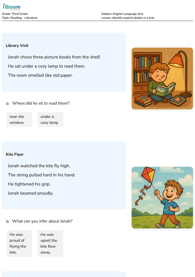 Identify explicit details in a text Lesson for Third Grade | iBloom