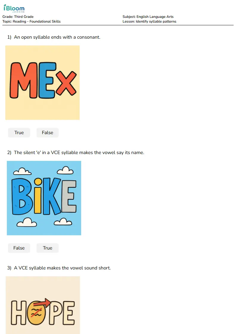 Identify syllable patterns Lesson for Third Grade | iBloom