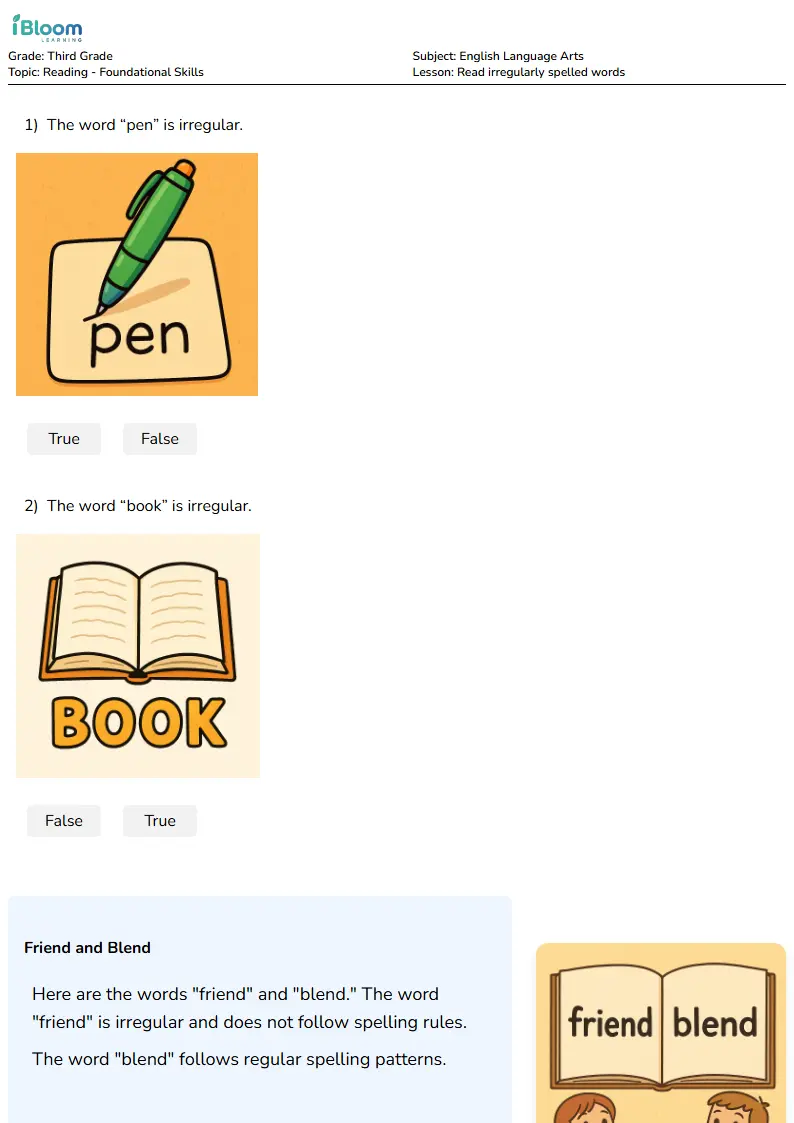 Read irregularly spelled words Lesson for Third Grade | iBloom