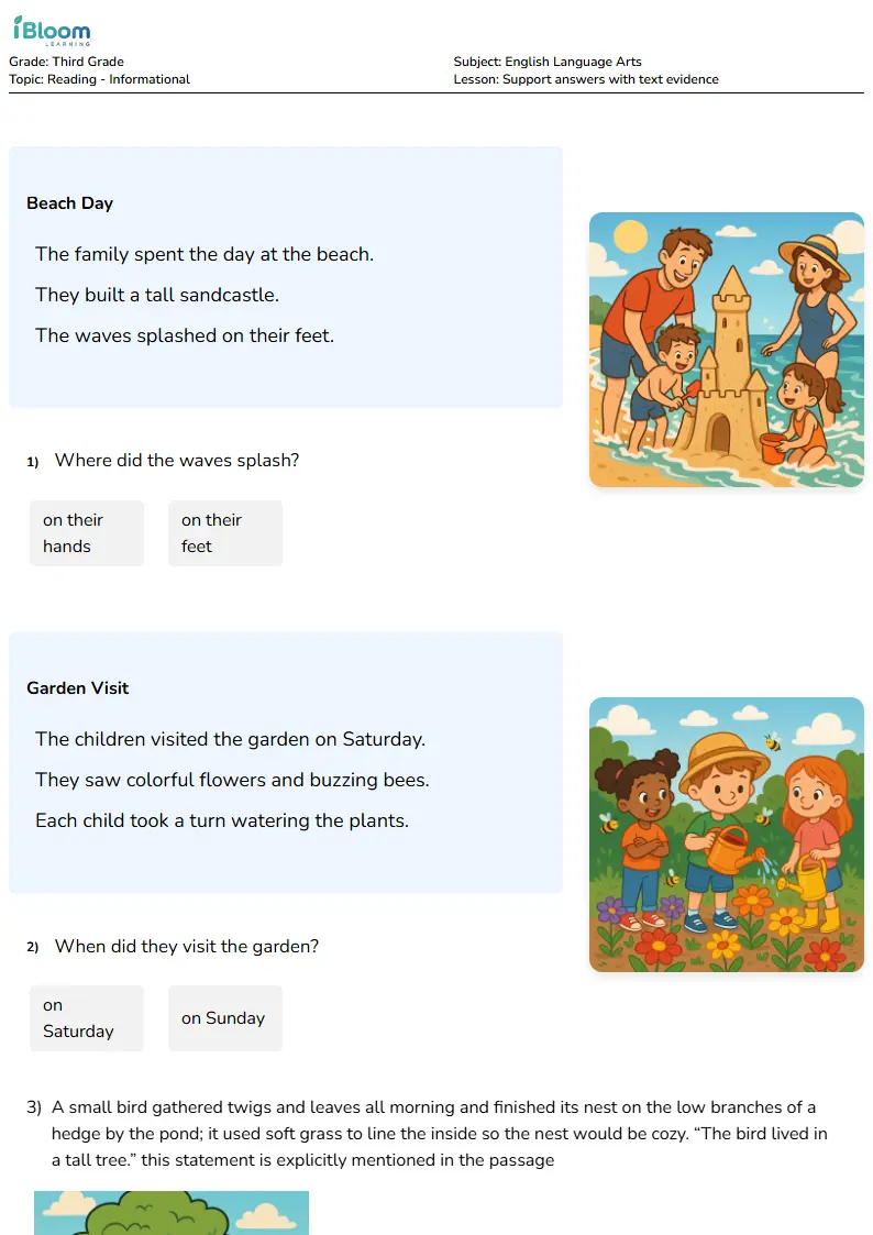 Support answers with text evidence Lesson for Third Grade | iBloom