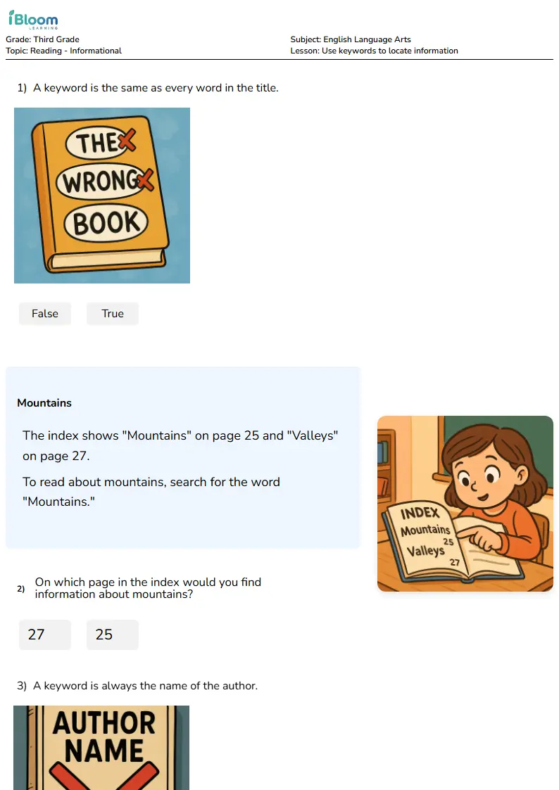 Use keywords to locate information Lesson for Third Grade | iBloom