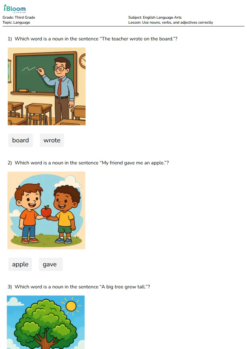 Use nouns, verbs, and adjectives correctly Lesson for Third Grade | iBloom