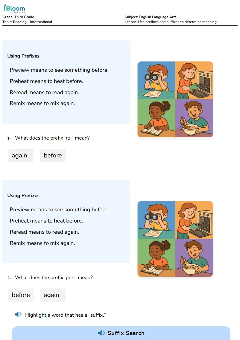 Use prefixes and suffixes to determine meaning Lesson for Third Grade | iBloom