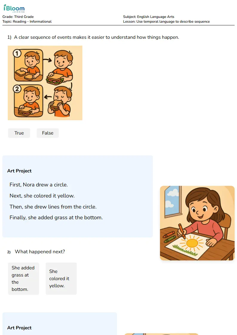 Use temporal language to describe sequence Lesson for Third Grade | iBloom