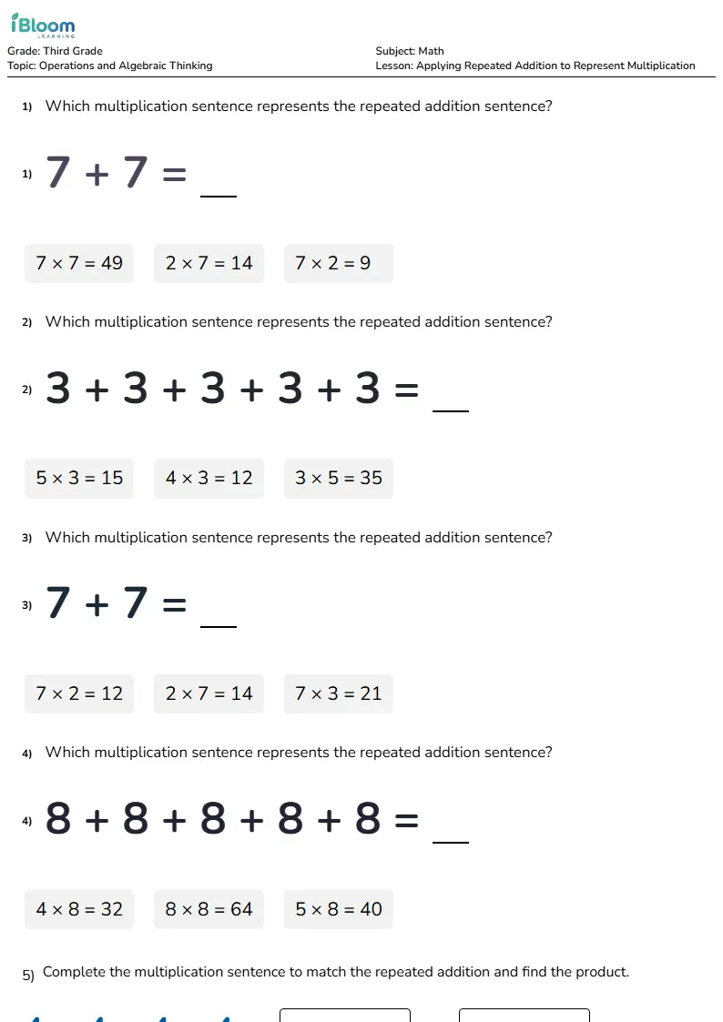 Applying Repeated Addition to Represent Multiplication Lesson for Grade 3