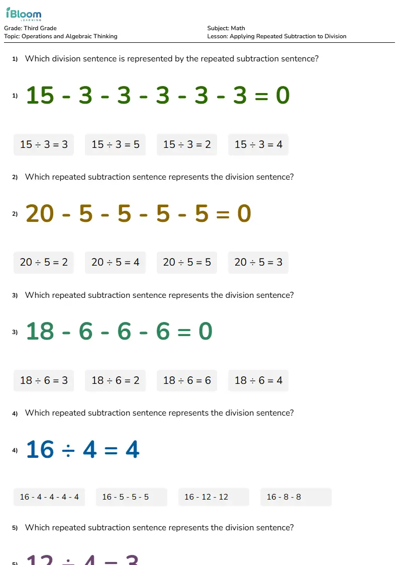 Applying Repeated Subtraction to Division Lesson for Grade 3