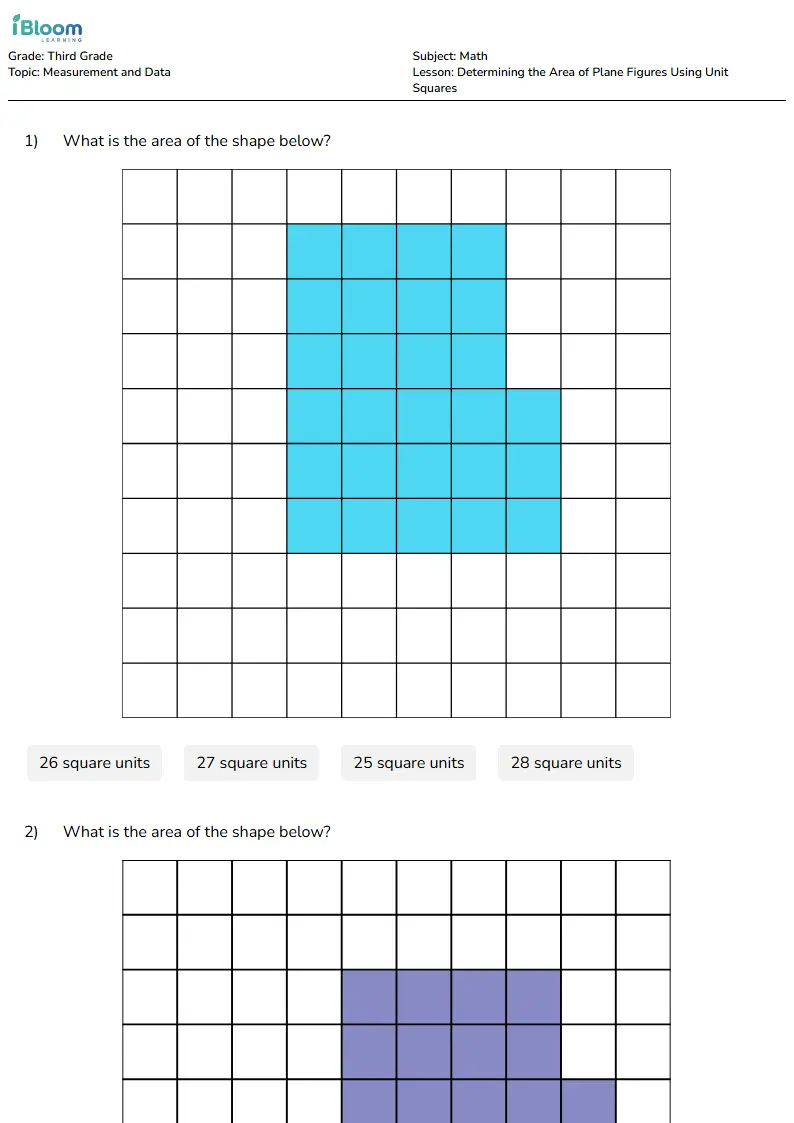 Determining the Area of Plane Figures Using Unit Squares Lesson for Grade 3