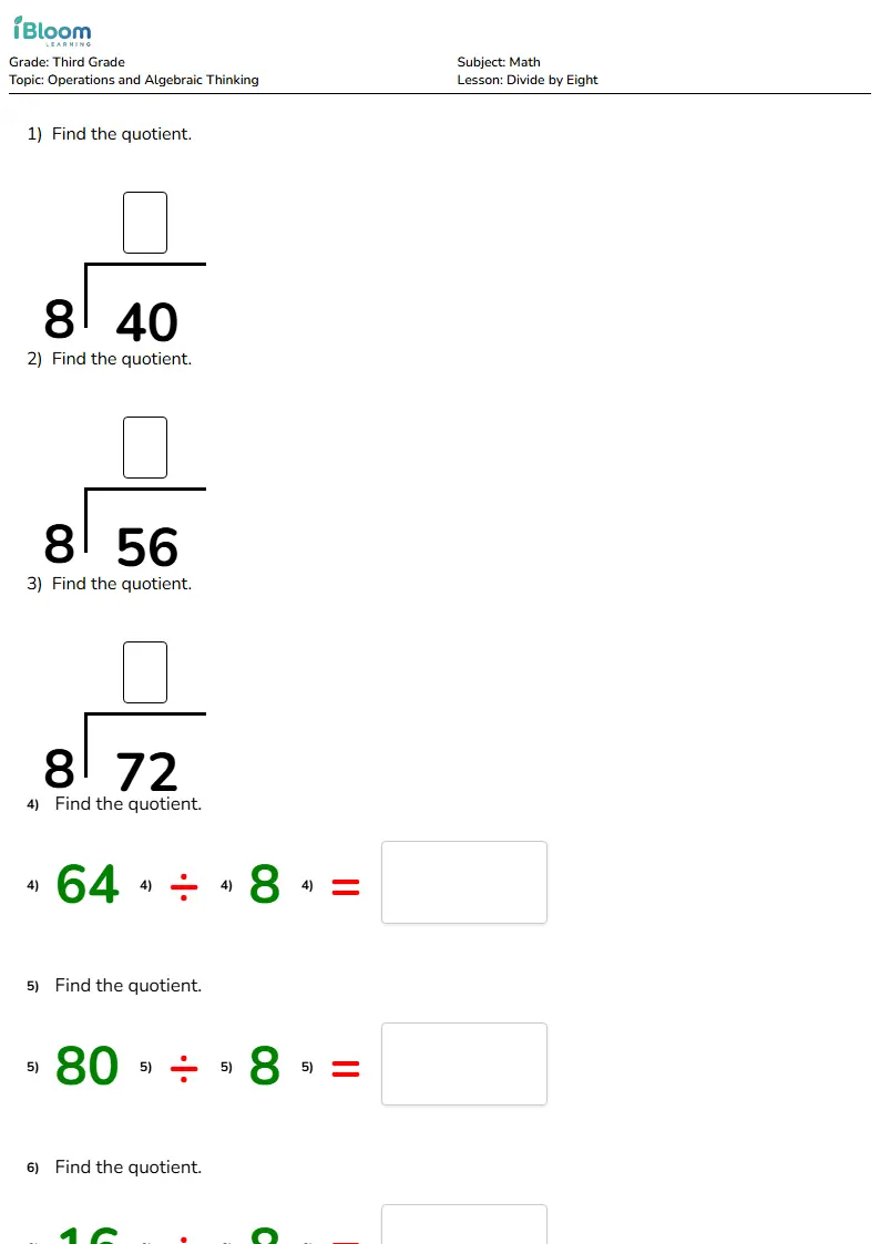 Divide by Eight Lesson for Grade 3