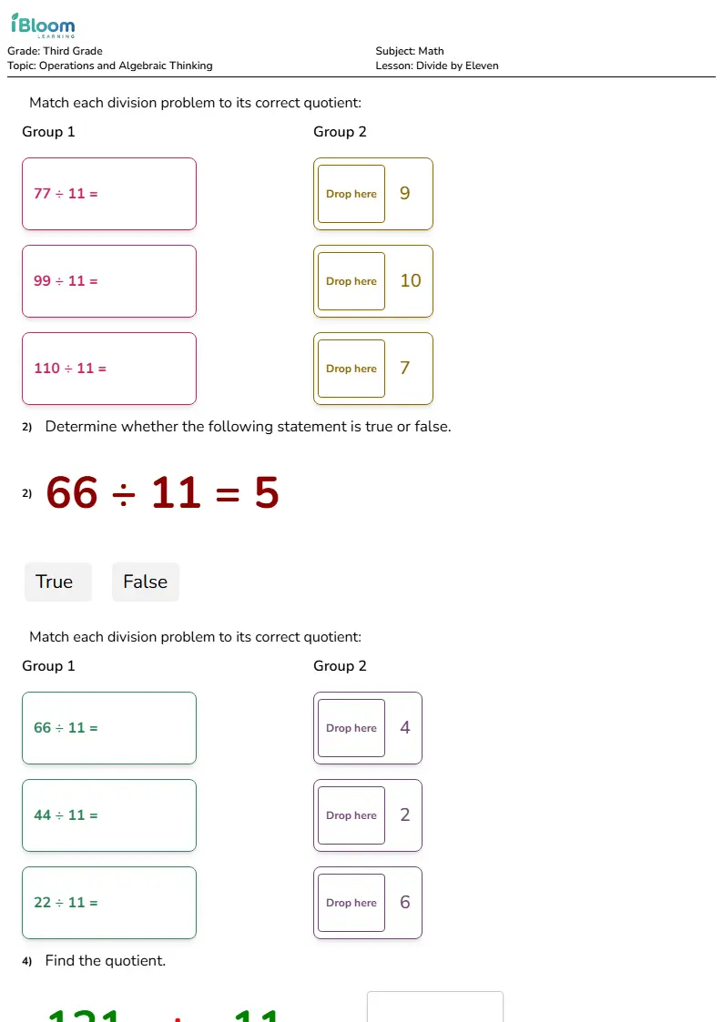 Divide by Eleven Lesson for Grade 3