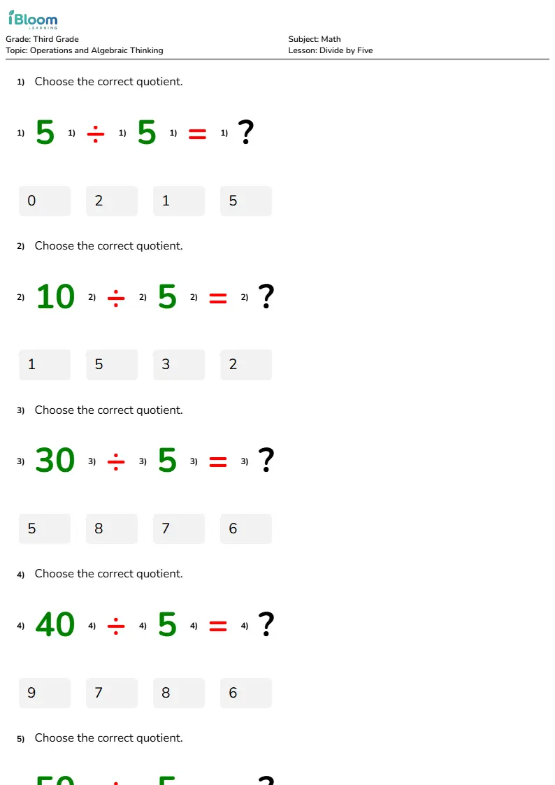Divide by Five Lesson for Grade 3