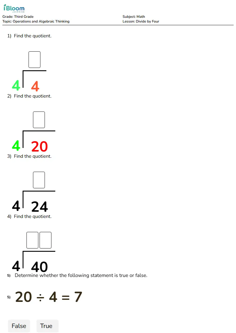 Divide by Four Lesson for Grade 3