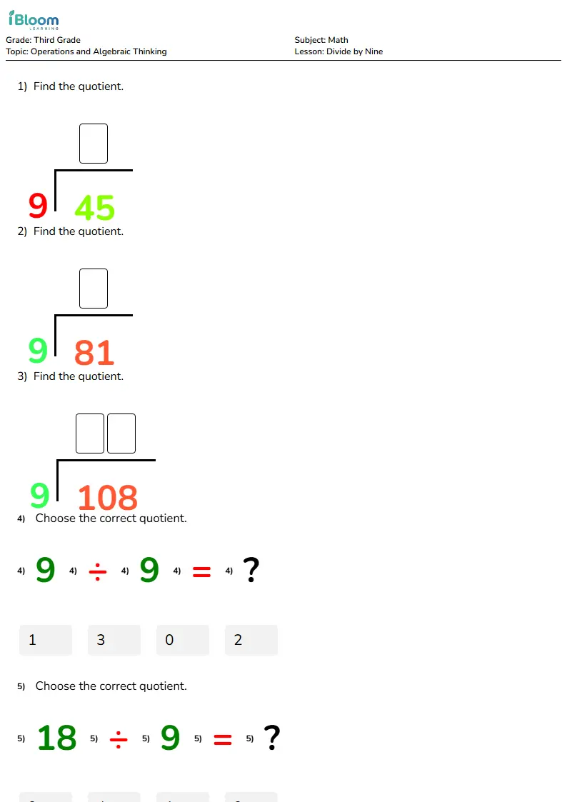 Divide by Nine Lesson for Grade 3