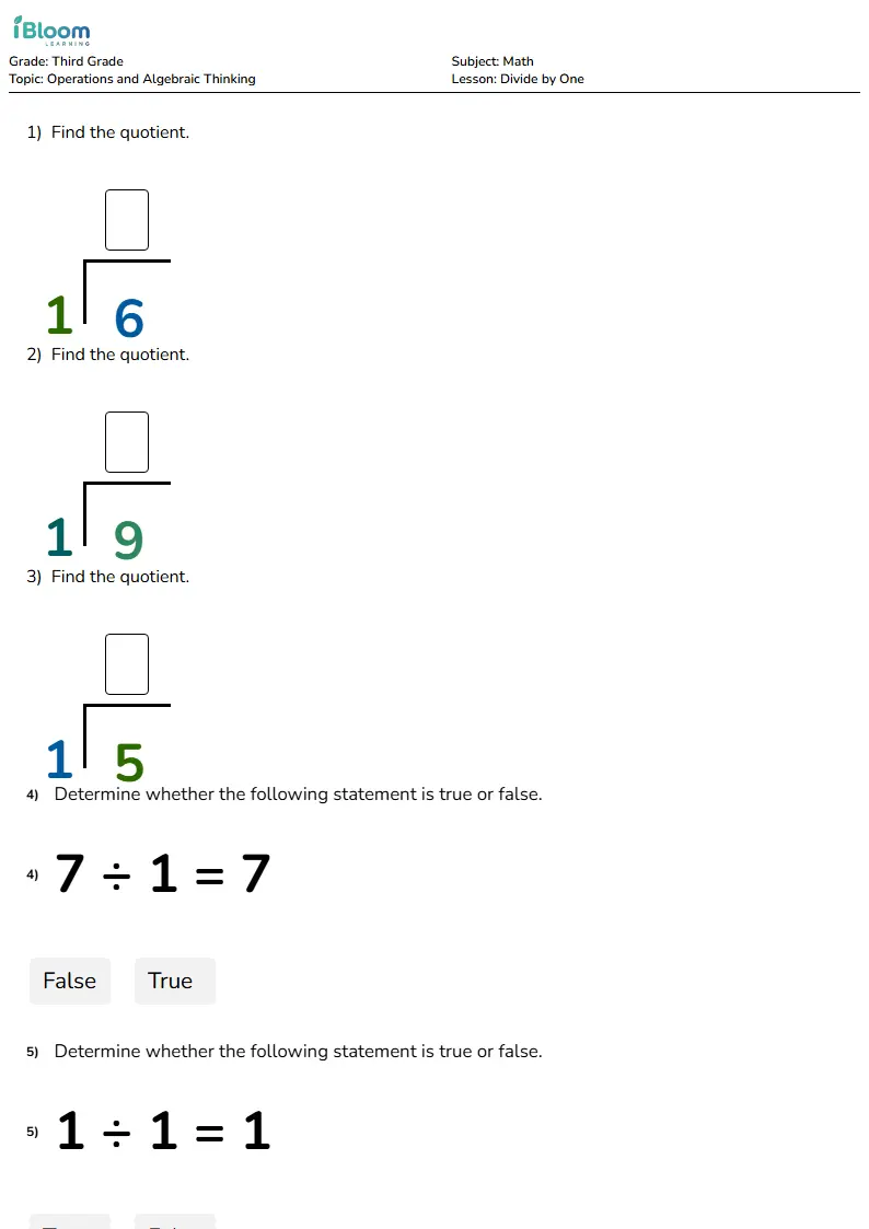 Divide by One Lesson for Grade 3