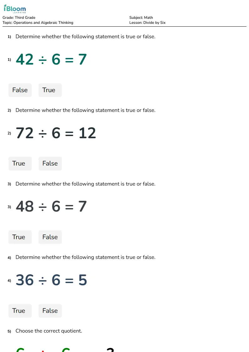 Divide by Six Lesson for Grade 3