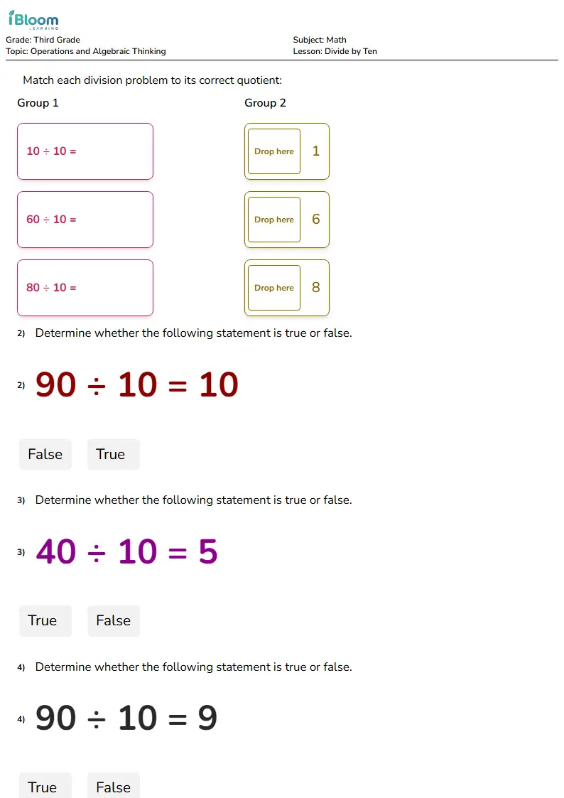 Divide by Ten Lesson for Grade 3