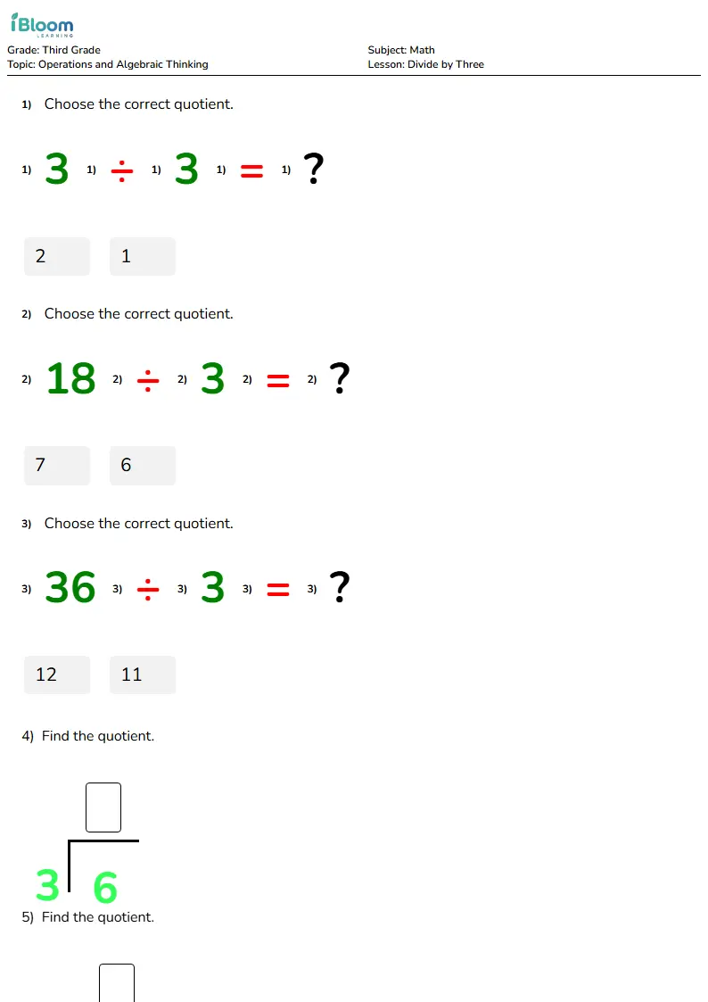 Divide by Three Lesson for Grade 3