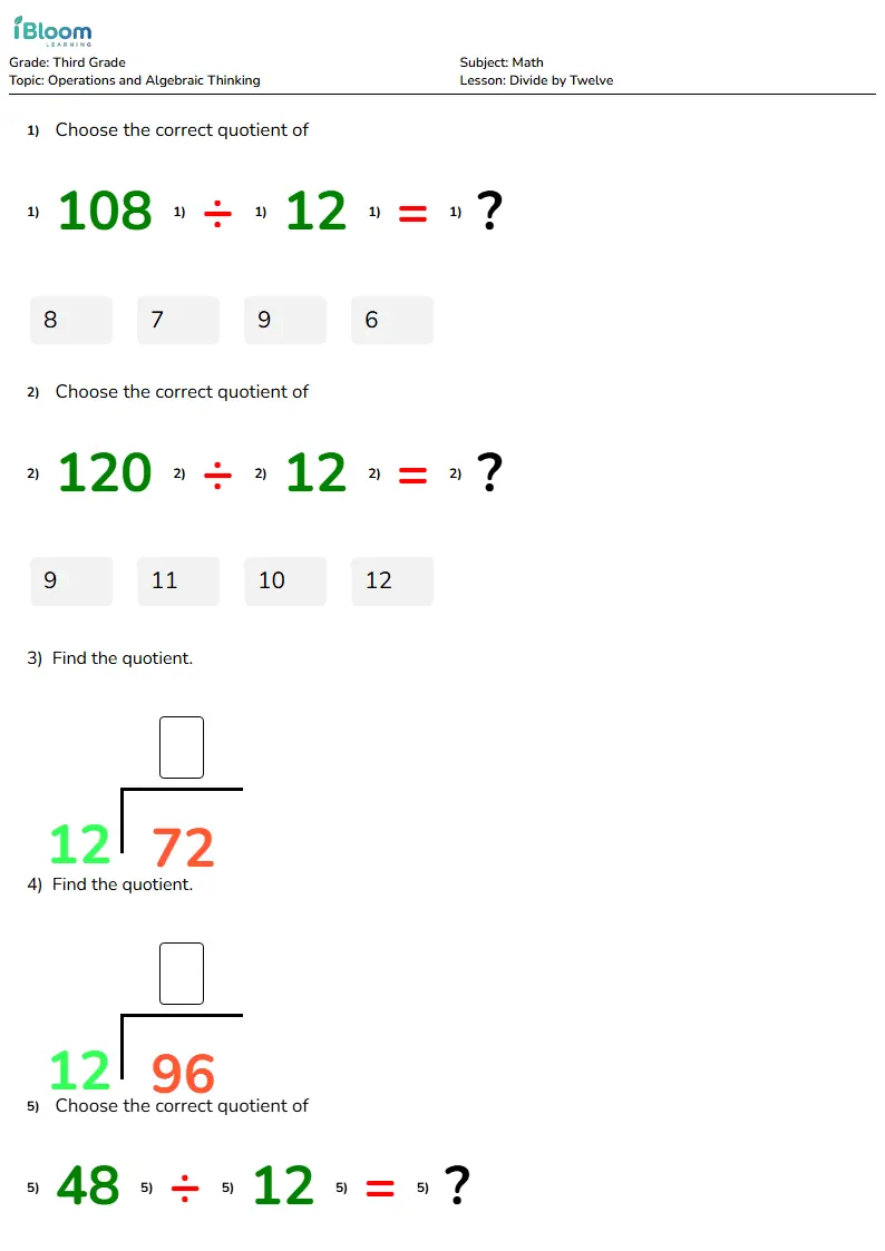 Divide by Twelve Lesson for Grade 3