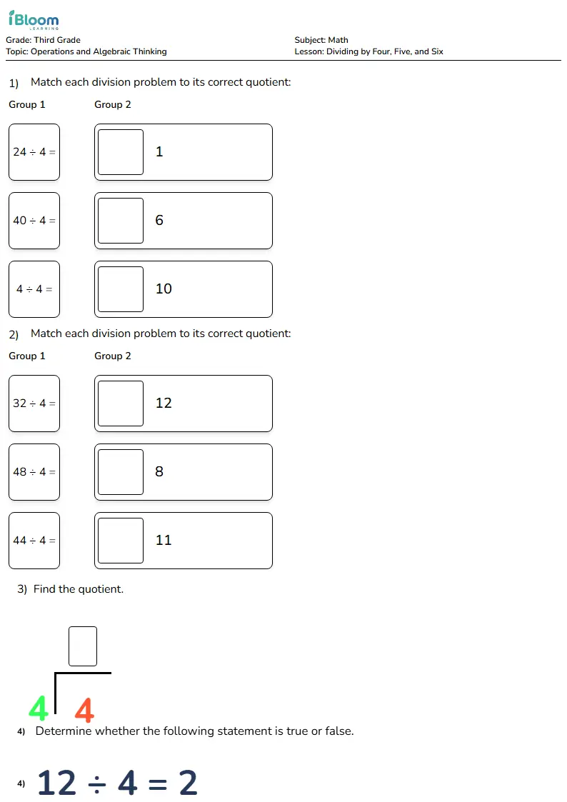 Dividing by Four, Five, and Six Lesson for Third Grade | iBloom