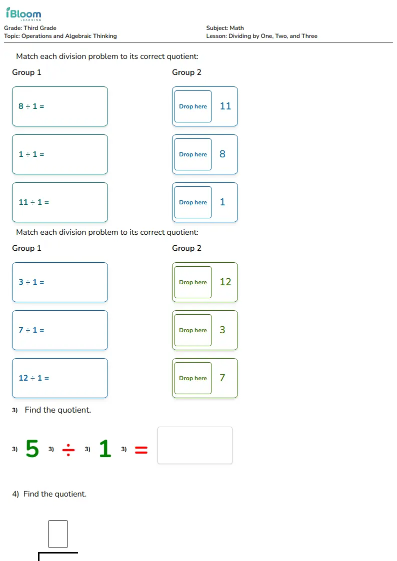 Dividing by One, Two, and Three Lesson for Third Grade | iBloom