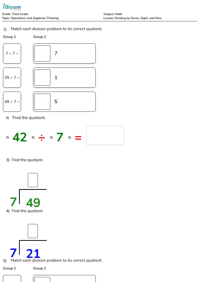 Dividing by Seven, Eight, and Nine Lesson for Third Grade | iBloom