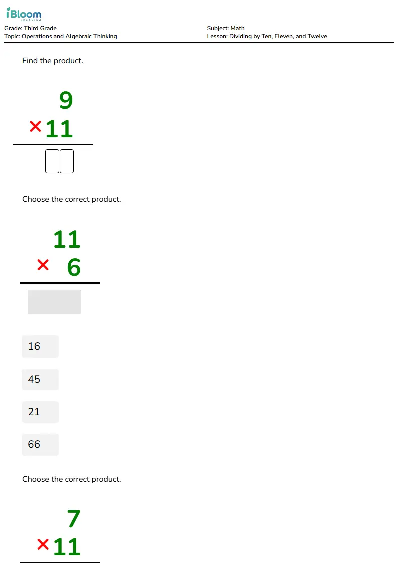 Dividing by Ten, Eleven, and Twelve Lesson for Third Grade | iBloom